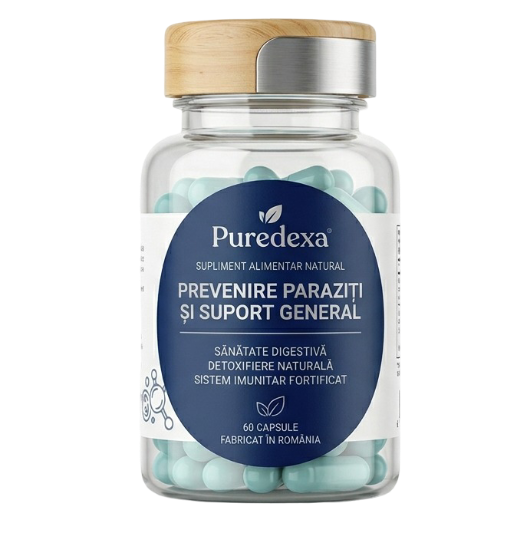 Ambalajul suplimentului PureDexa așezat pe un fundal neutru